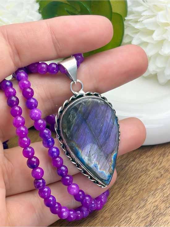 Southwest Jewelry - Purple Labradorite Pendant Necklace Boho Southwest Sterling Silver 925 Overlay